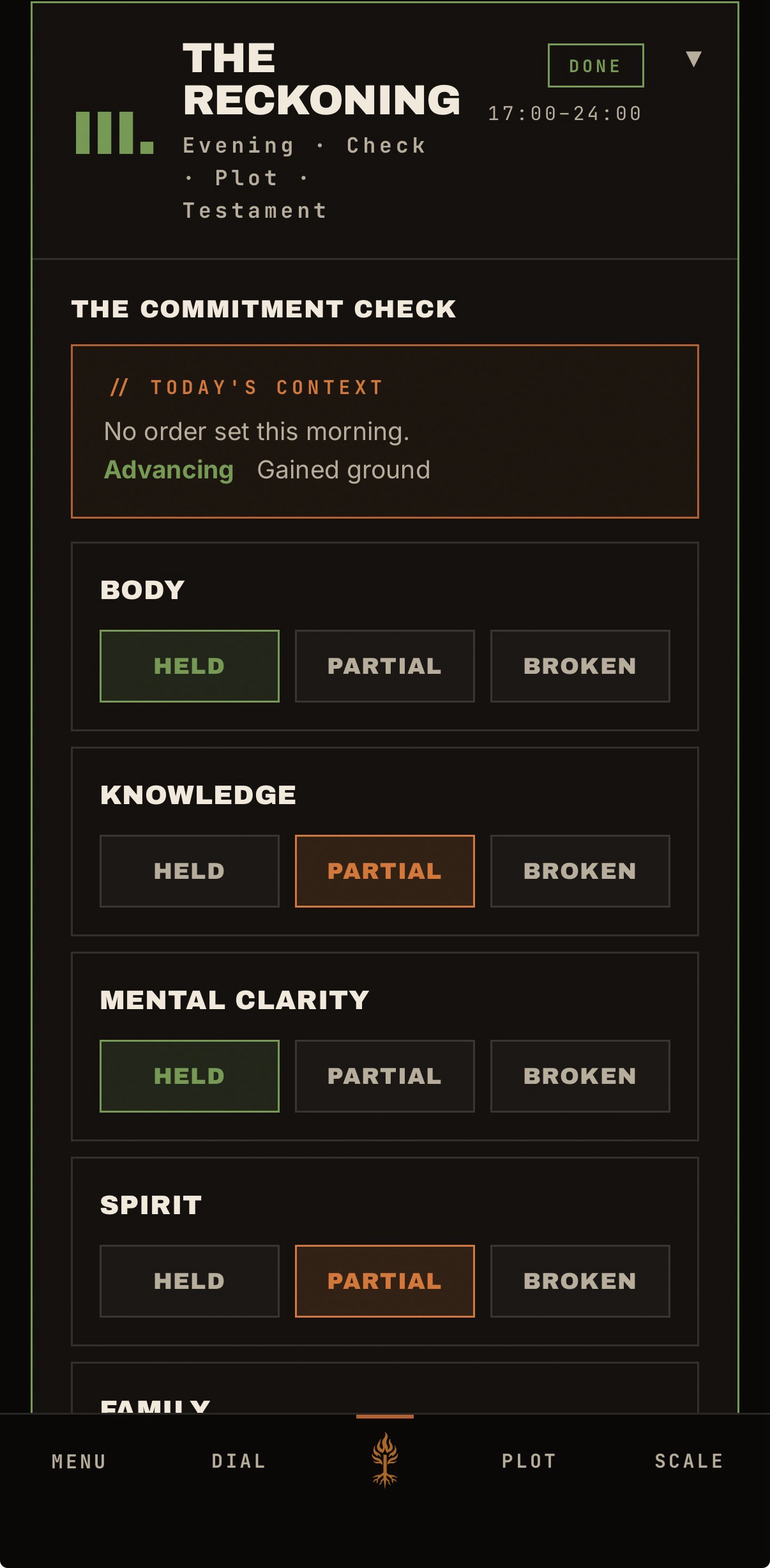 The Reckoning screen: each front graded held, partial, or broken at day's end