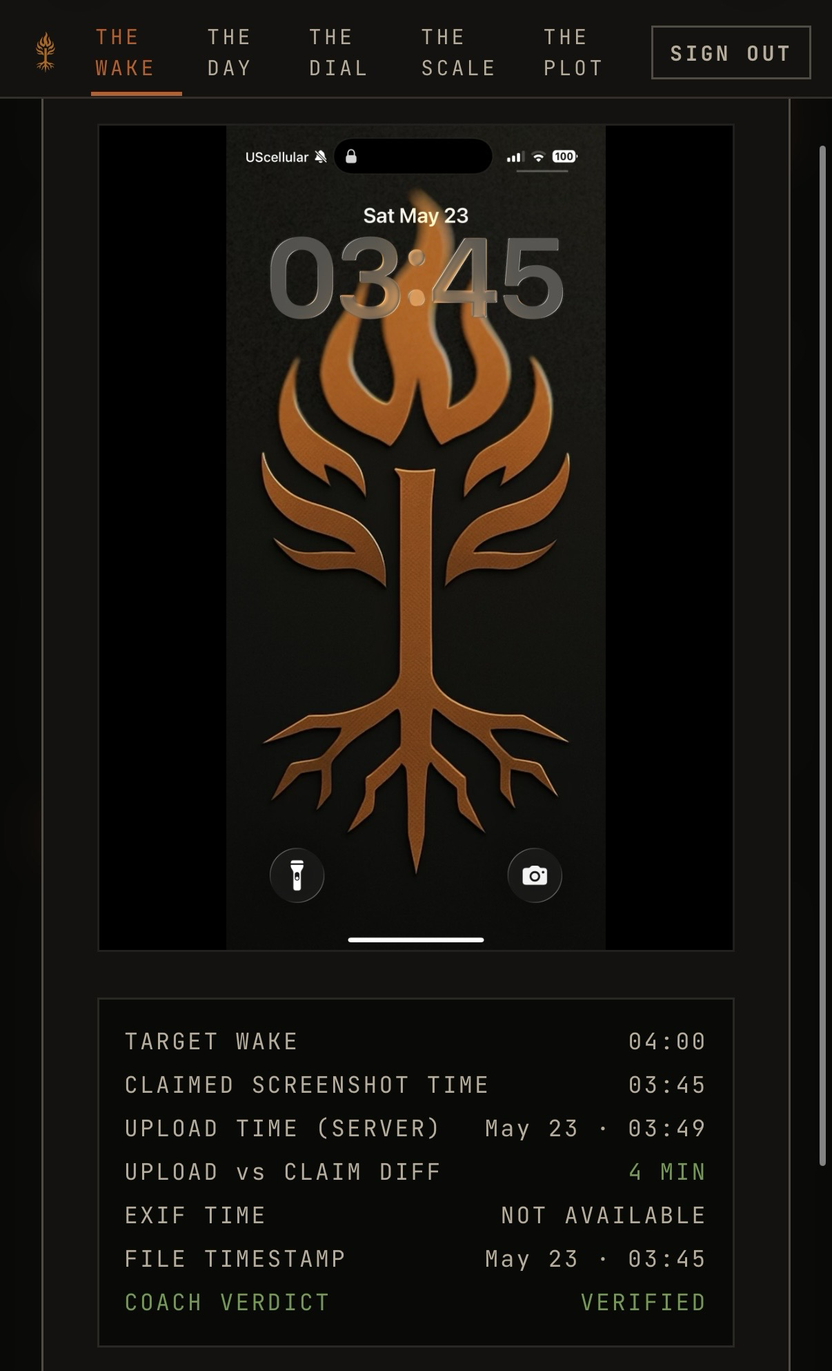 The Wake screen: lock-screen screenshot with timestamp